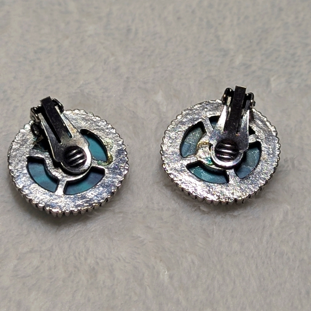 Vintage Turquoise Blue and Purple Acrylic Button Clip Earrings - Picture 3 of 6